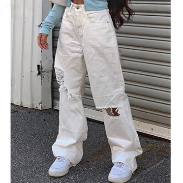 MQTIME  -  Ripped White Jeans Women Cargo Pants Fashion High Streetwear High Waist Jeans Vintage Straight Leg Harajuku Boyfriend Denim Pant